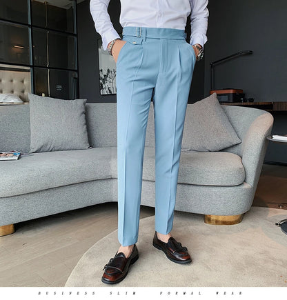 British Style New Solid High Waist Suit Pant Men Business Formal Wear Trousers 2024 High Quality Slim Casual Office Suit Pants