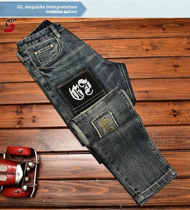 High-End Jeans Men's Autumn/Winter Trendy Ripped-Patchy Embroidery Slim Fit Stretchy Long Pants Casual Style Other Scene