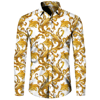 Golden Flower Pattern Print Men's Shirts Casual Single-Breasted Cardigan Long Sleeve Shirt Fashion Trend Tops Men Clothing