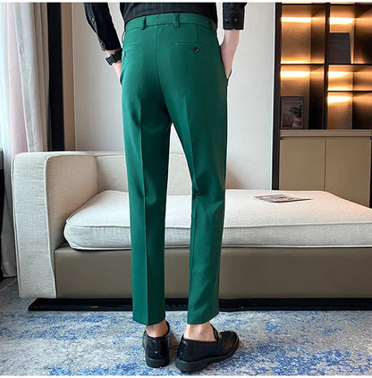 Green Elegant Elastic Mens Social Pants Skinny Cropped White Formal Stretch Pants Mens Trousers Office Slim Fit Party Club 2023