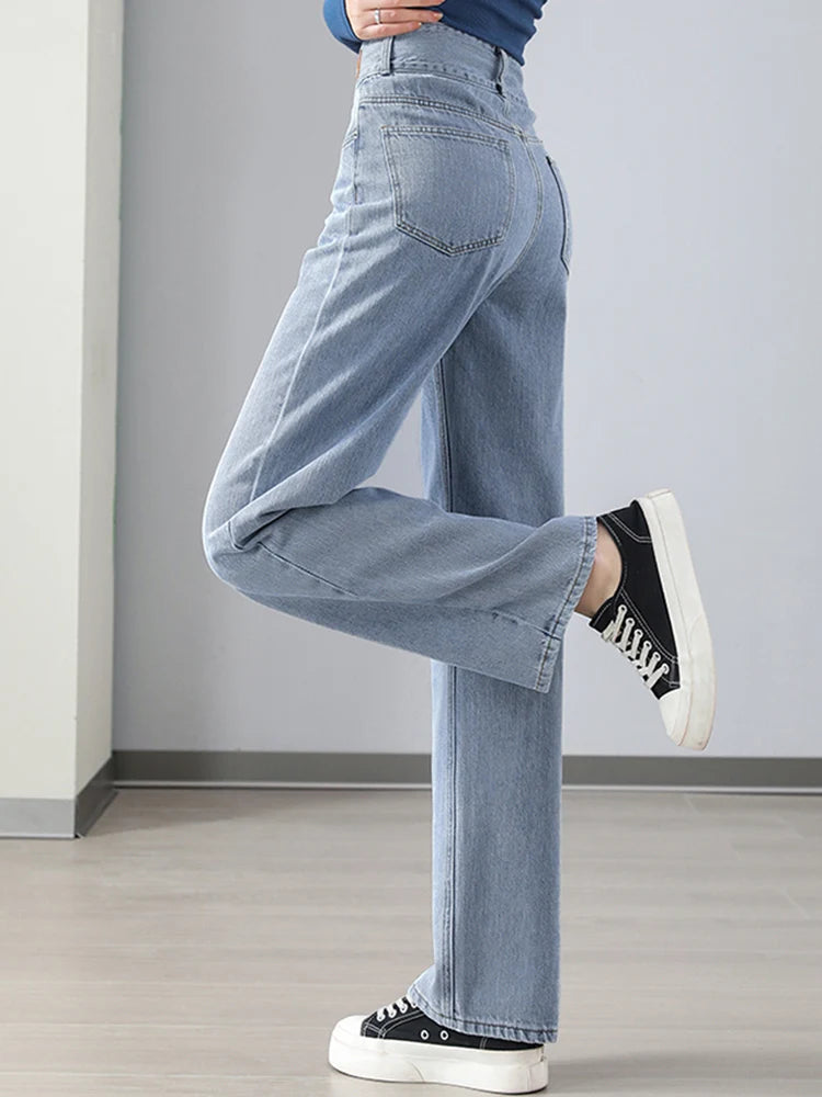 Spring 2024 Women High Waist Jeans Lady Double Breasted Straight Leg Pants Female White Black Light Blue Leather Label Trousers