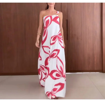 Summer Dress for Women 2024 New Slant Neck Fashion Printed Open Back Casual Dresses Sleeveless Long Skirt Female Streetwear