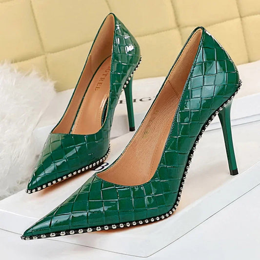 BIGTREE New Spring Autumn Rivet Weaving Women Pumps Stiletto Heels Sexy Pointed Toe Party Stripper High Heels Shoes