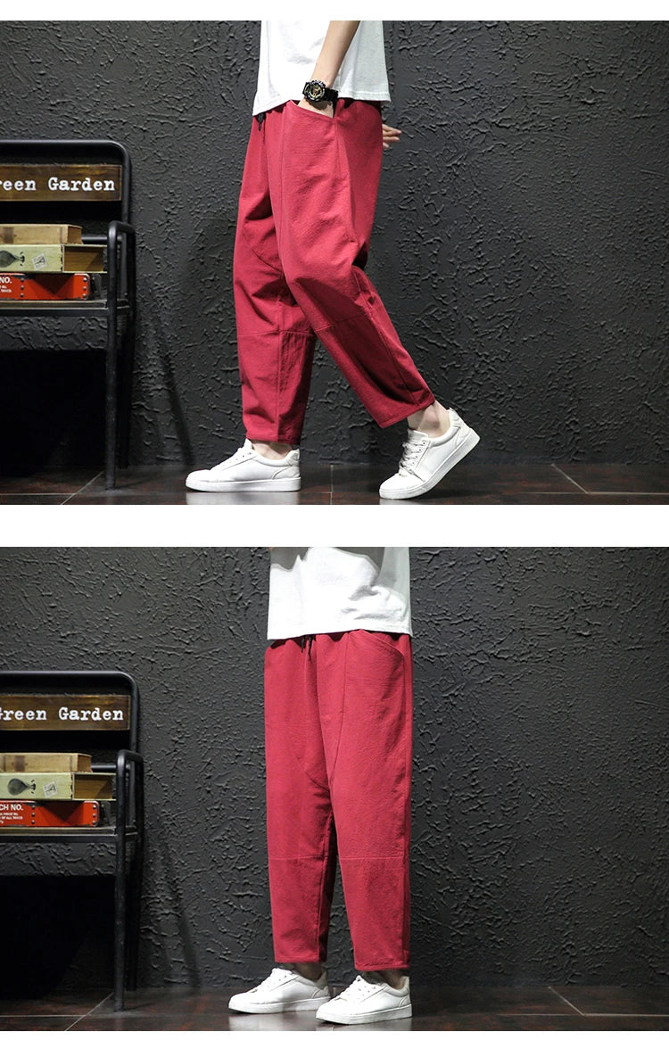 100% Cotton Ankle Length Pants Summer Casual Pants Man Trendy Japanese Loose Pants Men