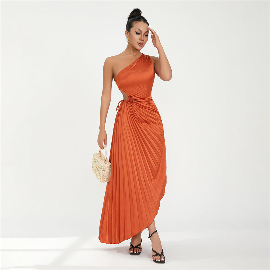 wsevypo Women's Off One Shoulder Party Long Dresses Evening Vestidos Vintage Sleeveless Hollowed Out Drawstring Pleated Dress