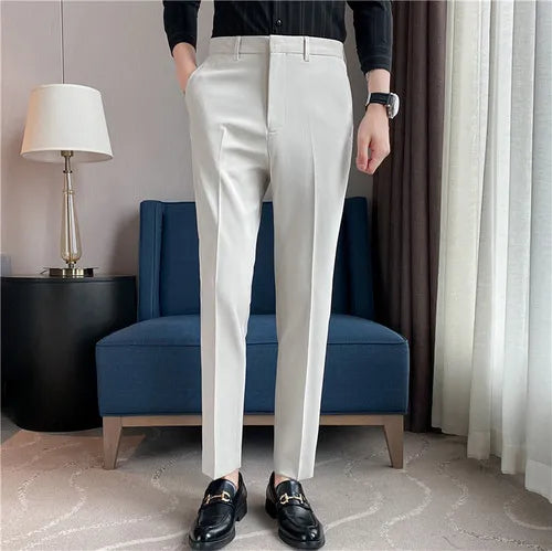 9 Color Summer Fashion Mens Suit Pants Pure Color Business Formal Pants Slim Fit Office Mens Wedding Social Ankle Long Trousers