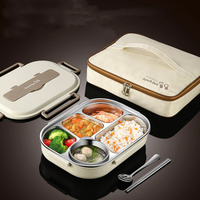 Square Insulated Bento Lunch Box With Tableware Microwave Safe Portable 304 Stainless Steel Food Storage Container