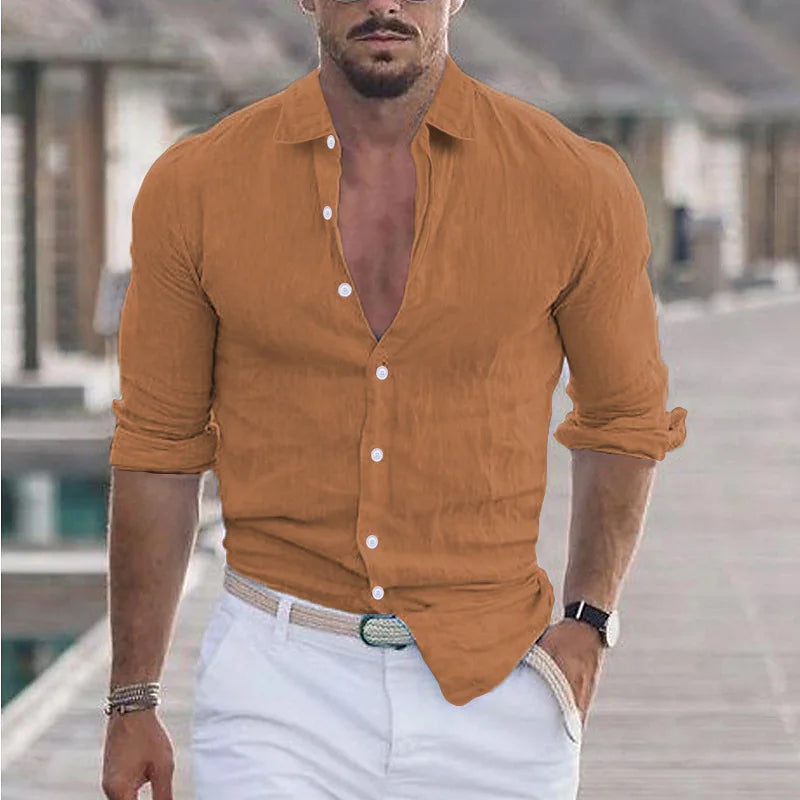 Elegant men's cotton linen long sleeve fashion casual shirt lapel loose soft comfortable breathable solid color cardigan