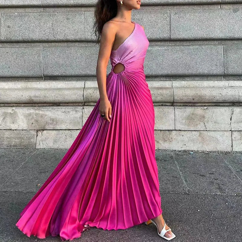 Elegant Women Ruffled Pleated Diagonal Collar Maxi Dress Evening Dress Spring Summer Backless Sleeveless Irregular Party Dresses