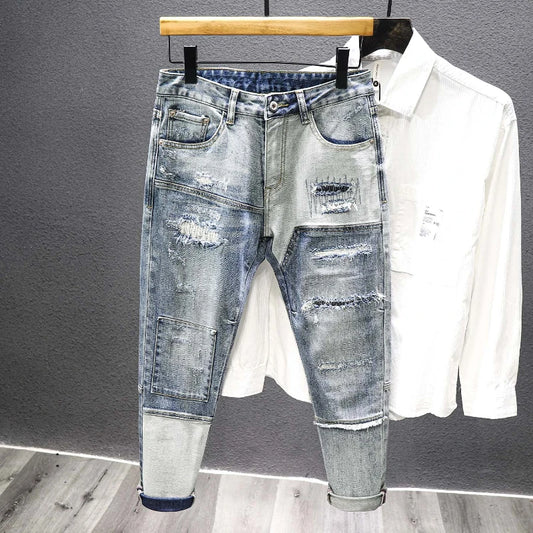 Autumn Winter New Trend Men's Straight Slim Jeans Ripped Hole Patch  Vintage Distressed Fashion Splicing Denim Pants Streetwear