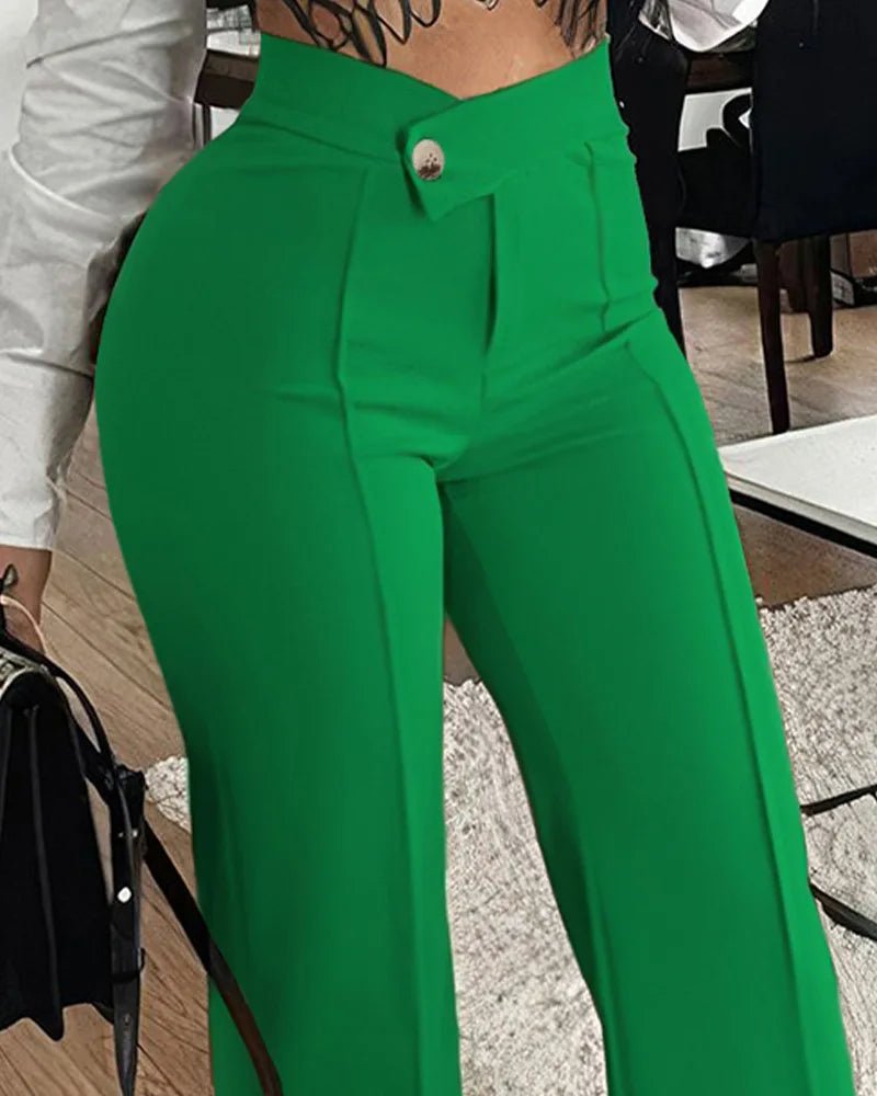 2023New Women's Cross-Border Slim-Fit Green Leisure Commute Wide-Leg Trousers