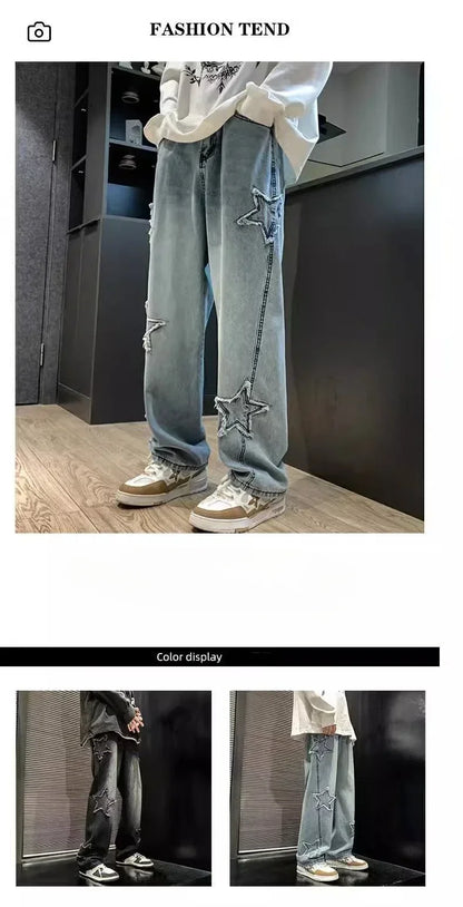 New Fashion Stars Towel Embroidery Balck Men Jeans Pants Y2K Clothes Straight Hip Hop Cotton Trousers Pantalon Homme