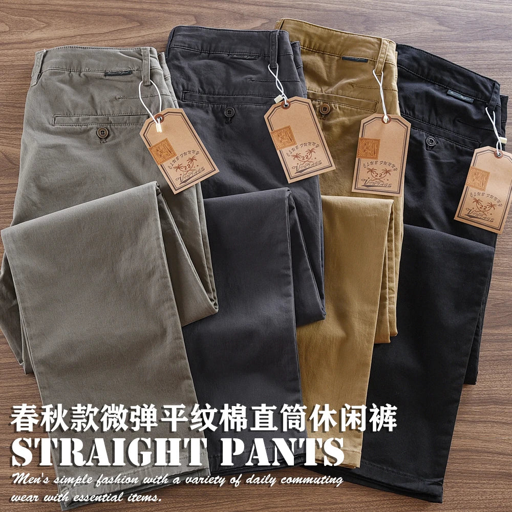 2024 Autumn New American Retro Woven Twill Cargo Pants Men's Simple 97.4% Cotton Washed Micro Elastic Straight Casual Trousers