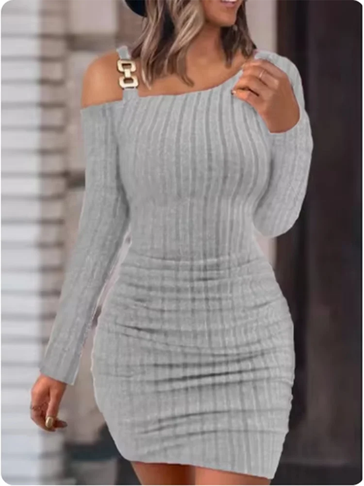 Women's Sexy Slant Neck Dresses Metal Sheet Long Sleeved Off Shoulder Dress Fashion Autumn Dress