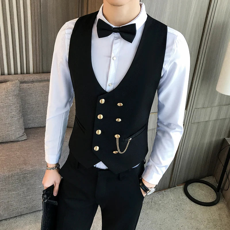 2025 Latest Style Double Breasted Men Suit Vest Gold Button Slim Fit Formal Groom Wedding Vest Streetwear Sleeveless Vest Jacket