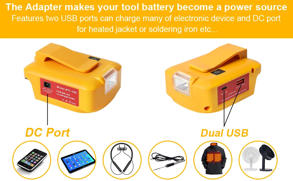 Adaptor For Dewalt DCB 18V 20V  54V 60V battery to DC 12V3A  flashlight fast Charger PD 22.5W  QC3.0  USB C and USBA