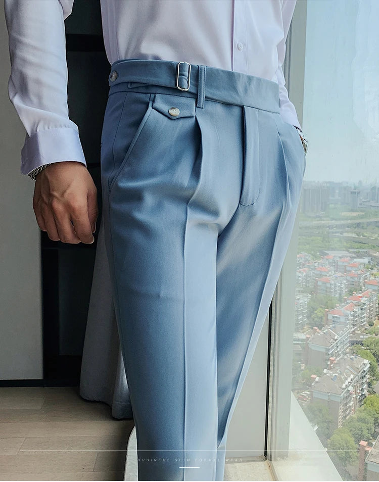 British Style New Solid High Waist Suit Pant Men Business Formal Wear Trousers 2024 High Quality Slim Casual Office Suit Pants