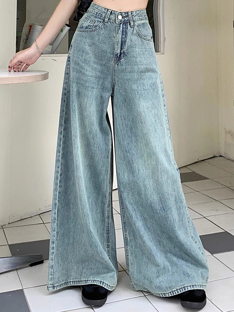 Women High Waist Korean Slacks Wide Leg Jeans Girls Punk 90s Vintage Denim Straight Leg Pants Female Light Blue Baggy Trousers