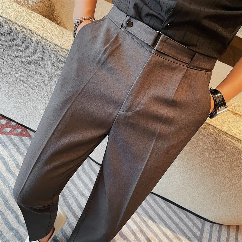 2024 Summer Fashion Belt Design Suit Pant High-waist Solid Color Business Slim Fit Formal Wedding Social Dress Ankle Pants 38-28