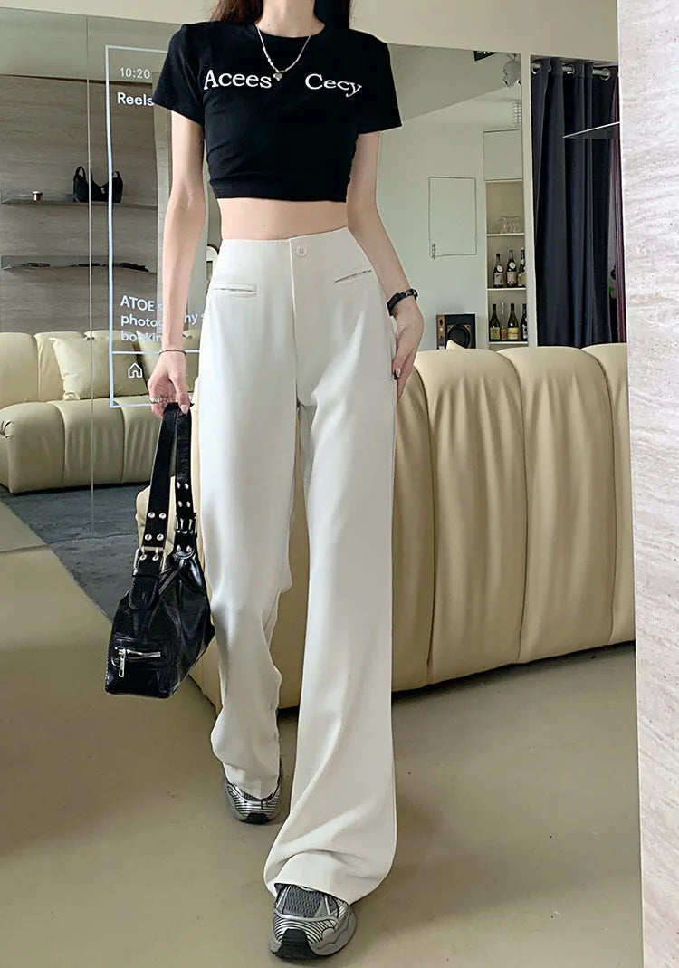 Black Elegant Casual Flare Pants Women Button Korean Style Fashion Long Pants Female High Waist Vintage Designer Pants 2023 New