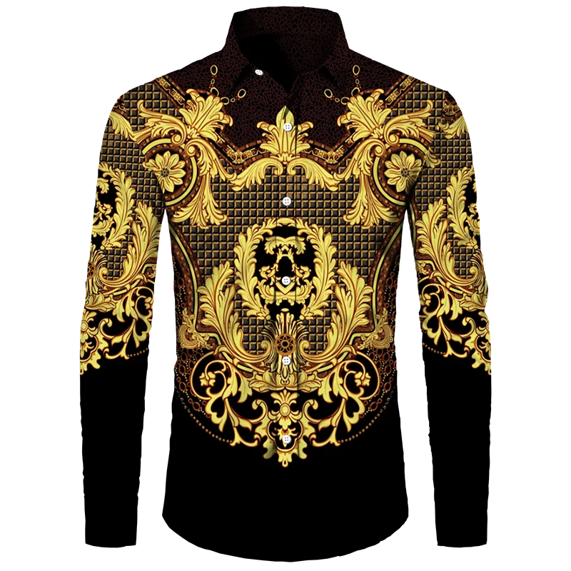 Golden Flower Pattern Print Men's Shirts Casual Single-Breasted Cardigan Long Sleeve Shirt Fashion Trend Tops Men Clothing