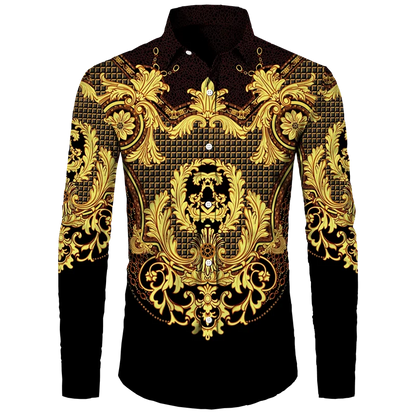 Golden Flower Pattern Print Men's Shirts Casual Single-Breasted Cardigan Long Sleeve Shirt Fashion Trend Tops Men Clothing