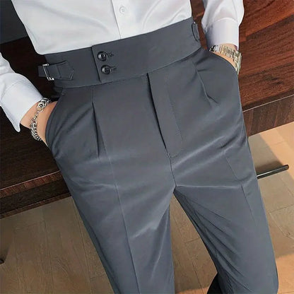 Casual Men's Spring and Summer 2024 New Business Formal Solid Color High Waisted Button Zipper Ruched Pocket Straight Suit Pants