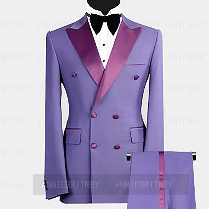 Sky Blue Double Breasted Elegant Men Suit Formal Groom Tuxedo Prom Slim Fit Blazer High Quality Custom 2 Piece Set Costume Homme