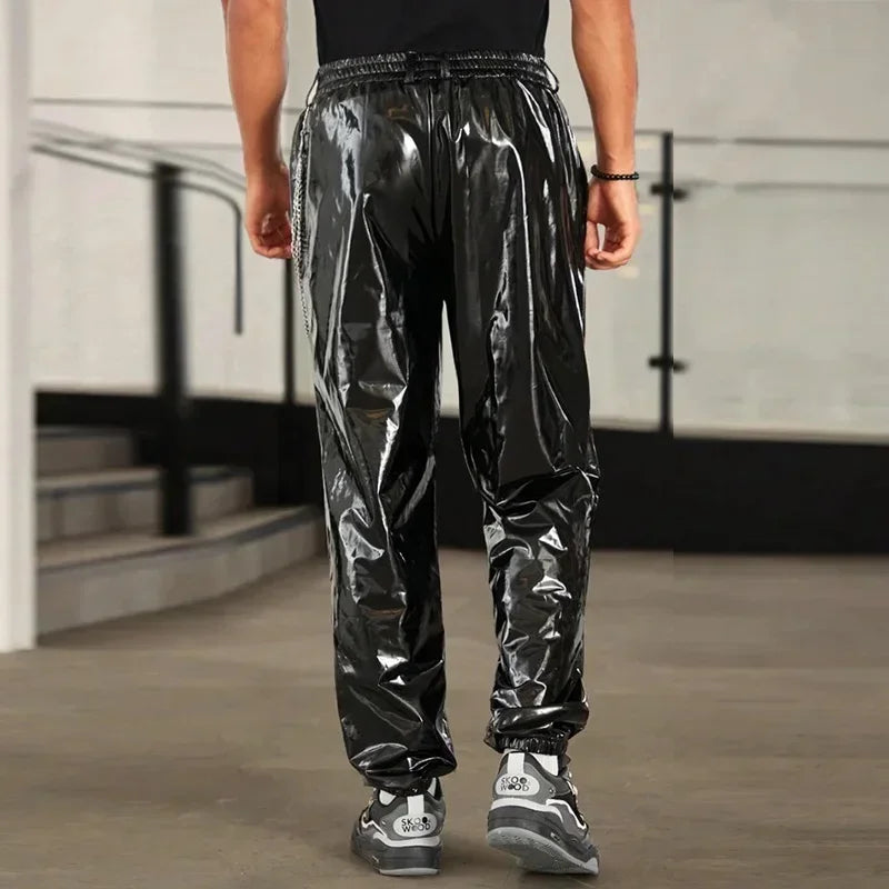 Men's Shiny Faux Latex Leather Lantern Pants Casual Loose with Chain Hip Hop Moto Trousers Pocket Clubwear Elastic New Hot 2024