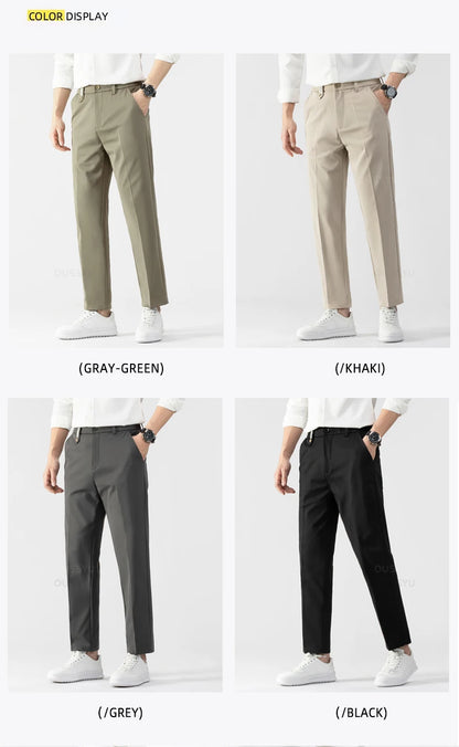 Brand Clothing Autumn Men's Ankle-Length Suit Pants Business Straight Elastic Waist Grey Office Work Formal Trousers Male