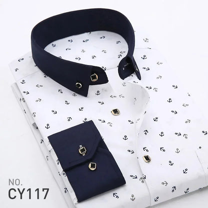 Quality Formal White Spring Men Shirts Casual Mens Shirt Printed Brand Button Collar Slim Fit Floral Social Man Dress Shirt