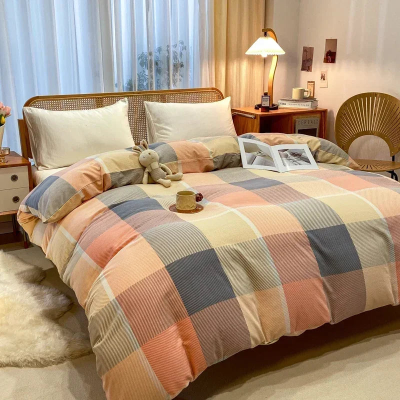 Geometric Plaid Duvet Cover 100% Cotton Queen Size Bedding Multicolor Buffalo Grid Skin-friendly Soft Quilt Cover with Zipper