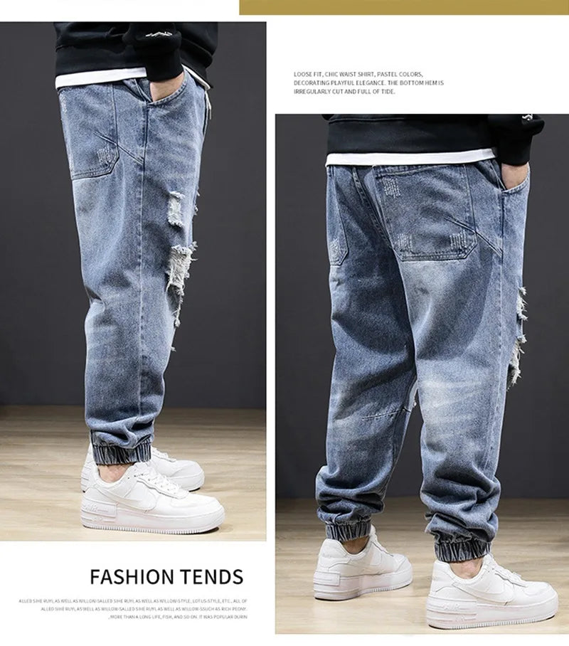 Large size jeans autumn winter section jeans men stretch elastic men high waist plus size hole trousers 8XL 7XL ripped jeans