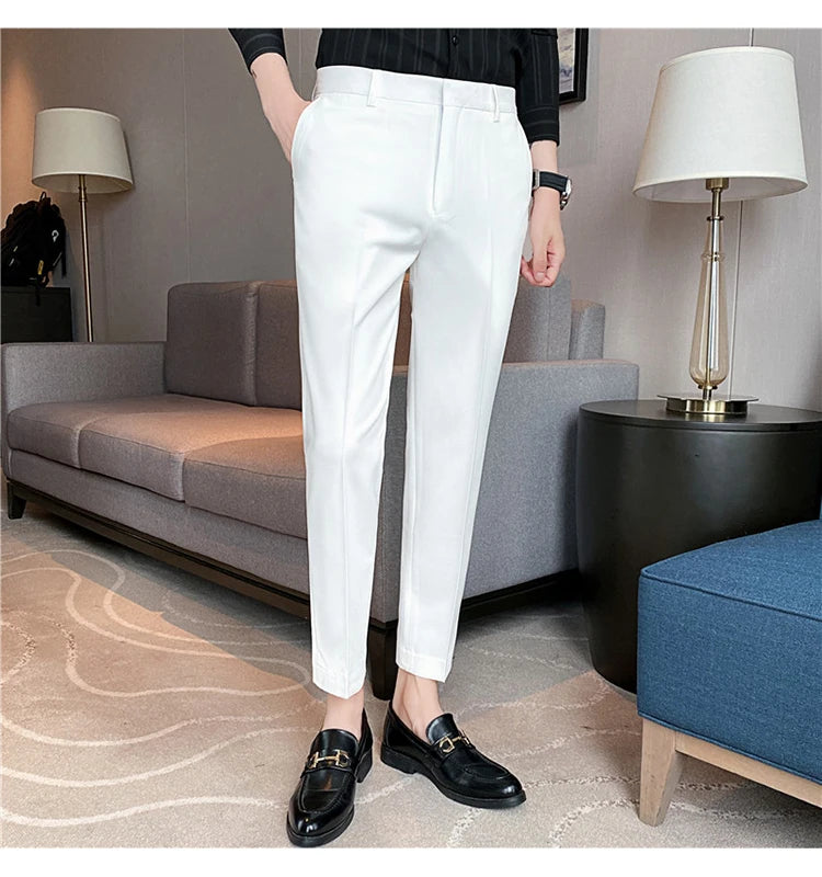 9 Color Summer Fashion Mens Suit Pants Pure Color Business Formal Pants Slim Fit Office Mens Wedding Social Ankle Long Trousers