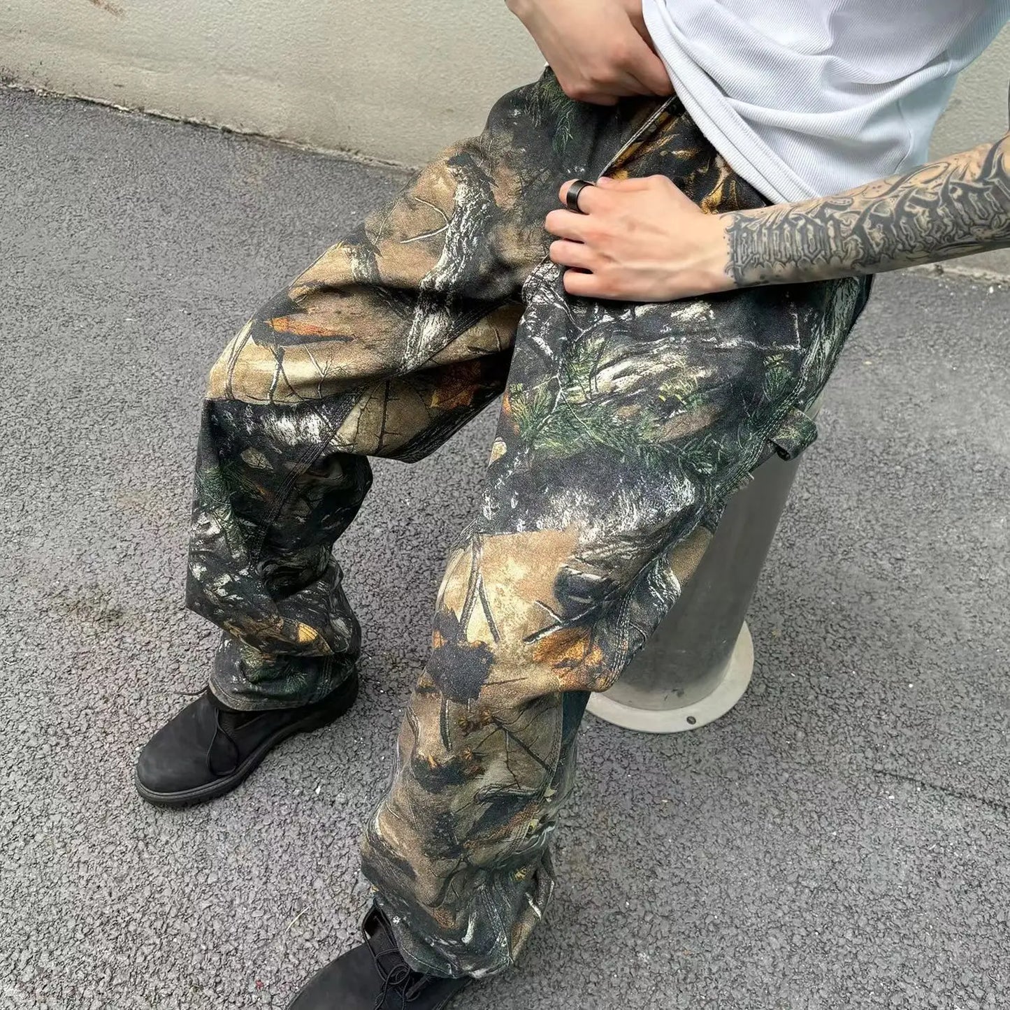 American tree patterned camouflage jeans for men ins loose Harajuku straight tube printed trendy men and women hip-hop pants