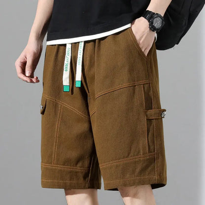 Fashion Elastic Spliced Straight Cargo Denim Shorts Men's Clothing 2024 Summer New Loose Korean High Waist Knee Casual Shorts