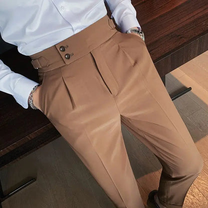 Casual Men's Spring and Summer 2024 New Business Formal Solid Color High Waisted Button Zipper Ruched Pocket Straight Suit Pants