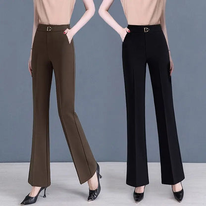 2023Women's Spring and Autumn New Fashion Elegant Solid Pocket Elastic Casual High Waist Loose Wide Leg Straight Flare Pants