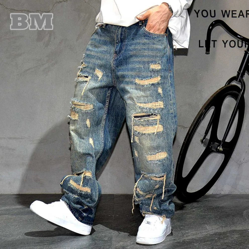 Mens Ripped Baggy Jeans Distressed Denim Streetwear Skateboard Pants Straight Leg Patchwork Oversized Urban Fashion Workwear