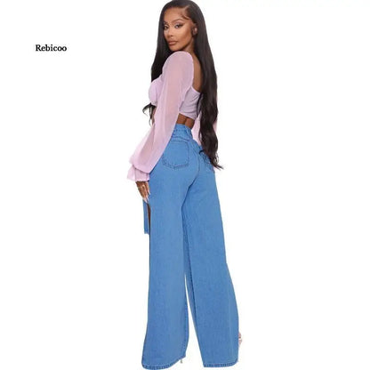 Blue Sexy Hole Jeans Women Stretch Split Wide Leg Denim Flare Long Pants Spring Autumn New High Street Ladies Fashion Club