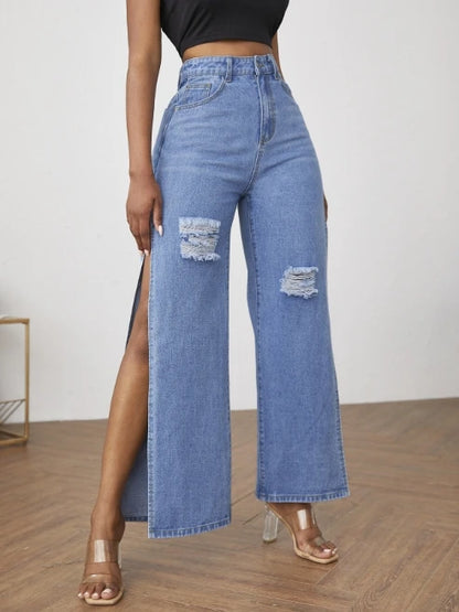 Wide Leg Women's Jeans 2023 New Personality Trend High Waist Long Jeans Ripped Sexy Slit Jeans Wide Leg Pants Denim Long Pants