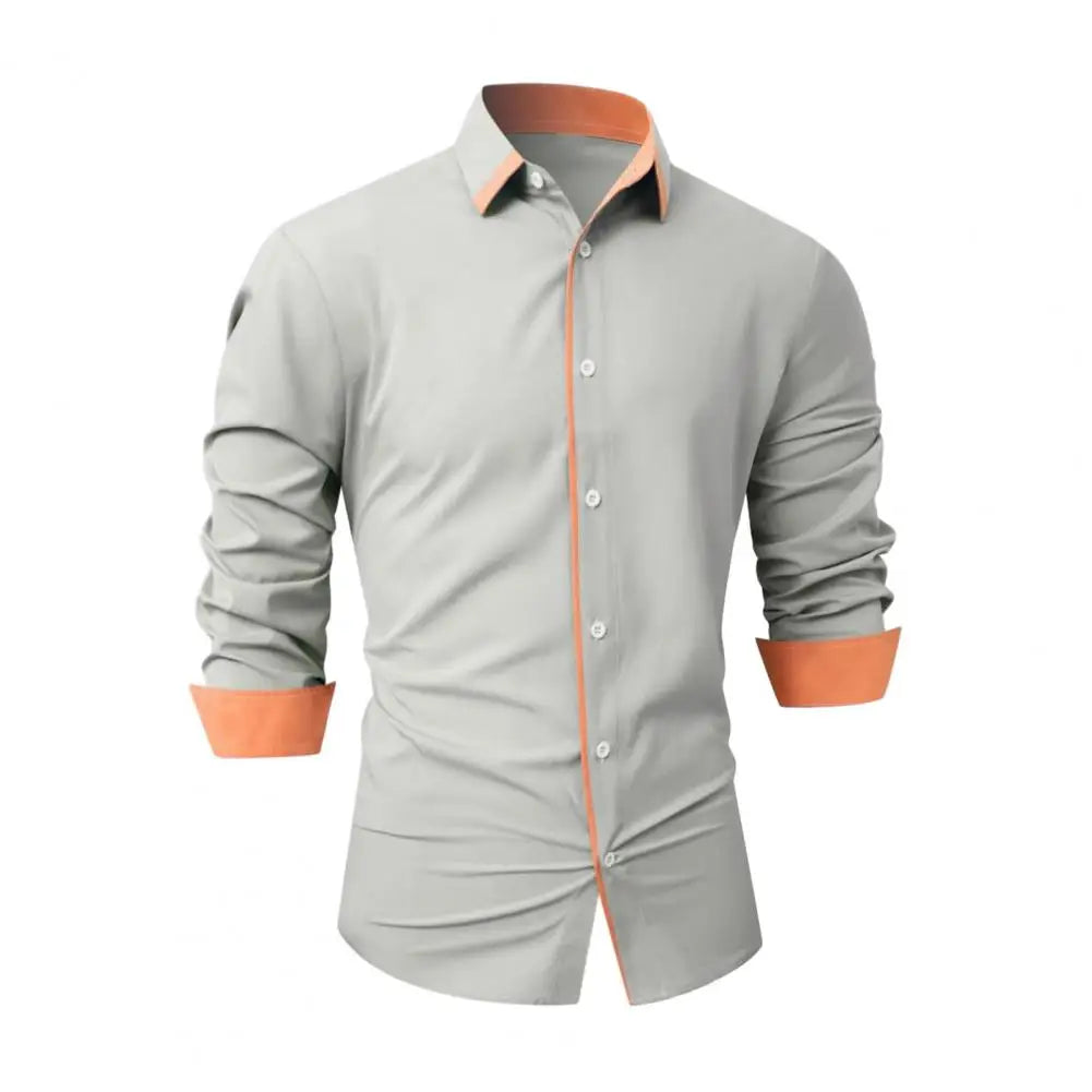 Men Shirt Turn-down Collar Long Sleeve Shirt Single-breasted Slim Fit Soft Breathable Formal Business Style Office Top