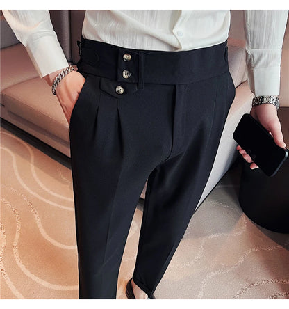 British Style Pants Men High Waist Belt Design Casual Slim Formal Office Dress Pant Men Social Wedding Party Dress Suit Trousers