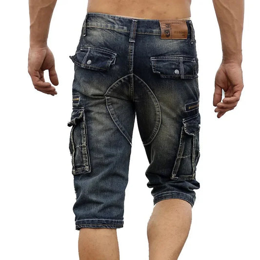 Men's Fashion Cargo Denim Shorts with Multi Pockets Slim Fit Military Jeans Shorts for Male Washed