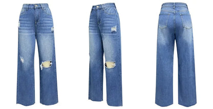 Women Jeans Wide Leg Pants Denim High Waist Zipper Fly Washing Holes Pockets High Street Ankle Length Flash Spring 2024