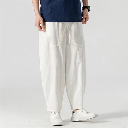 Linen Pants Men Baggy Pants Plus Size 9XL Summer Ankle-length Pants Male Solid Color Bottom Big Size 9XL