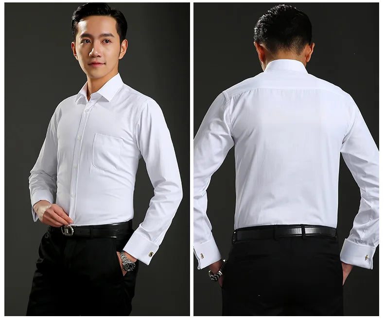 Men's Classic French Cuffs Social Dress Shirt Formal Business Standard-fit Long Sleeve Wedding Party Office Work White Shirts