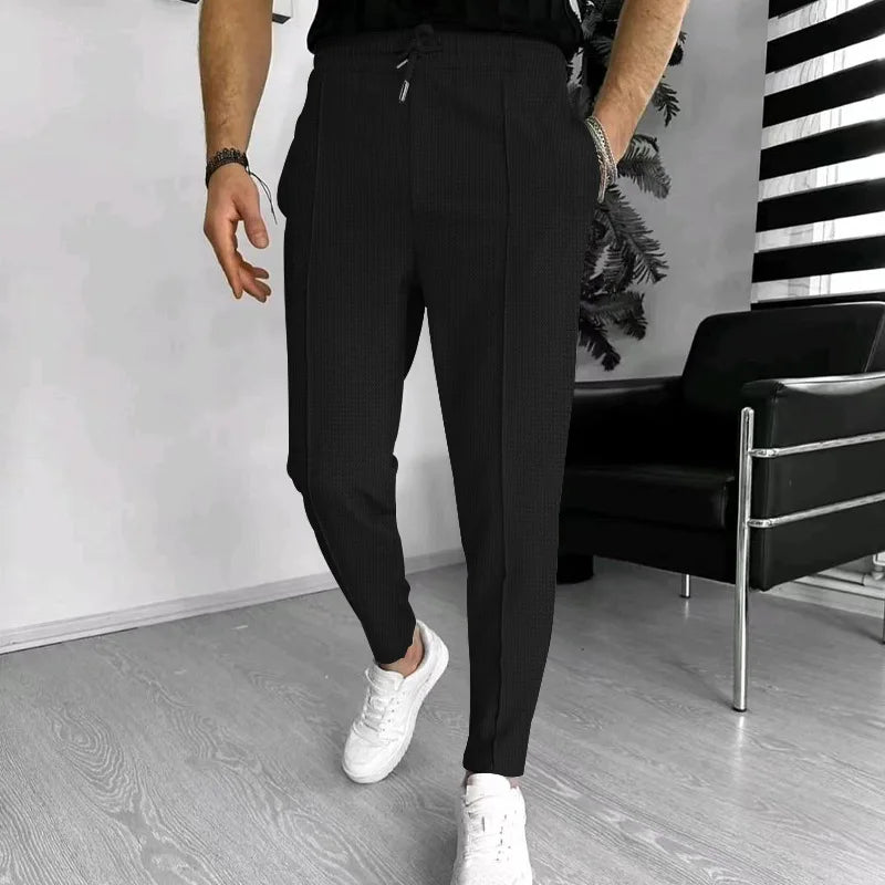 Men's Pants, Street Ruffled Solid Color Casual Waffle Pants, Four Seasons Travel New Breathable Loose Fitness Jogging Pants 2024