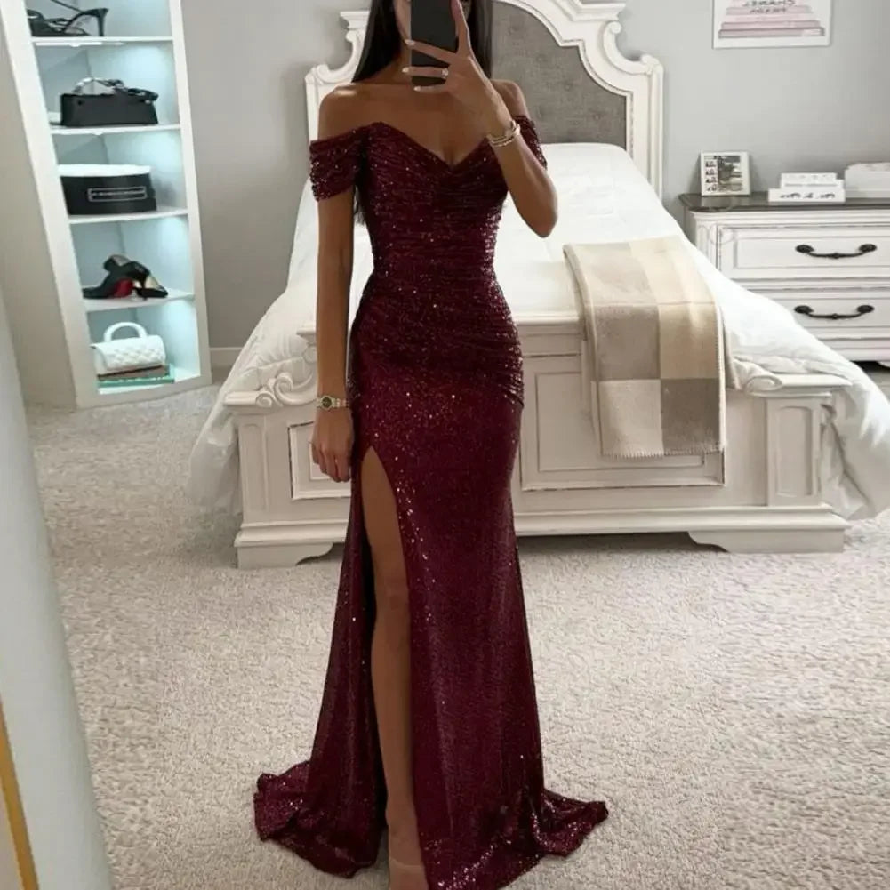 Summer Dress SkinnySequin Pleated Split Maxi Bodycon Dress Slim Fit Off Shoulder Evening Party Prom Dress Birthday Clubwear