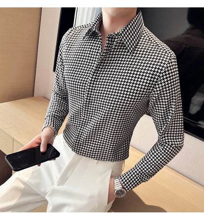 High Quality Vintage Houndstooth Long Sleeve Social Shirts For Men Clothing 2024 Business Slim Fit Casual Prom Tuxedo Non-Iron